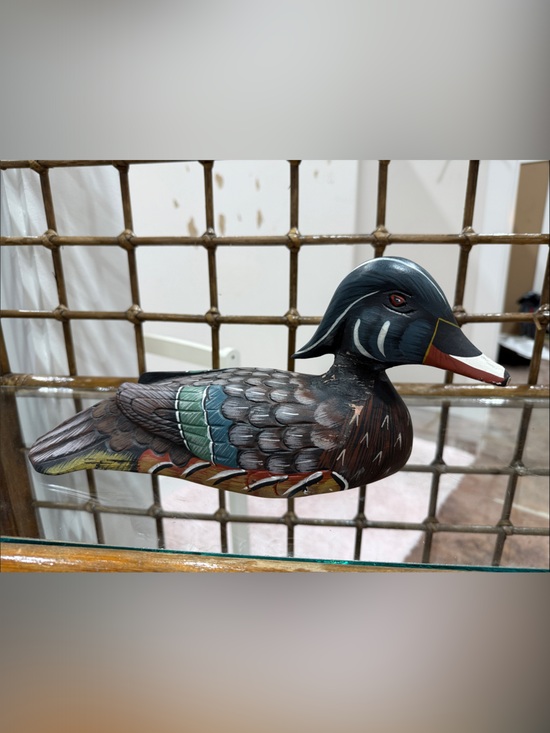 Other - Hand-Painted Wooden Duck Figurine in Dark Brown, blue and Black